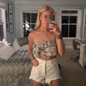 Blush Strapless Floral Crop Top in Beige and Blue